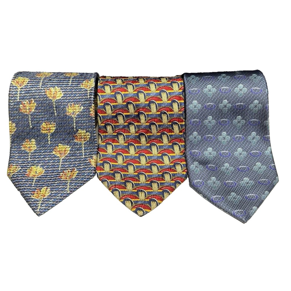 Ermenegildo Zegna Mens Ties Lot of‎ 3 Blue Red Geometric Silk Luxury Italy